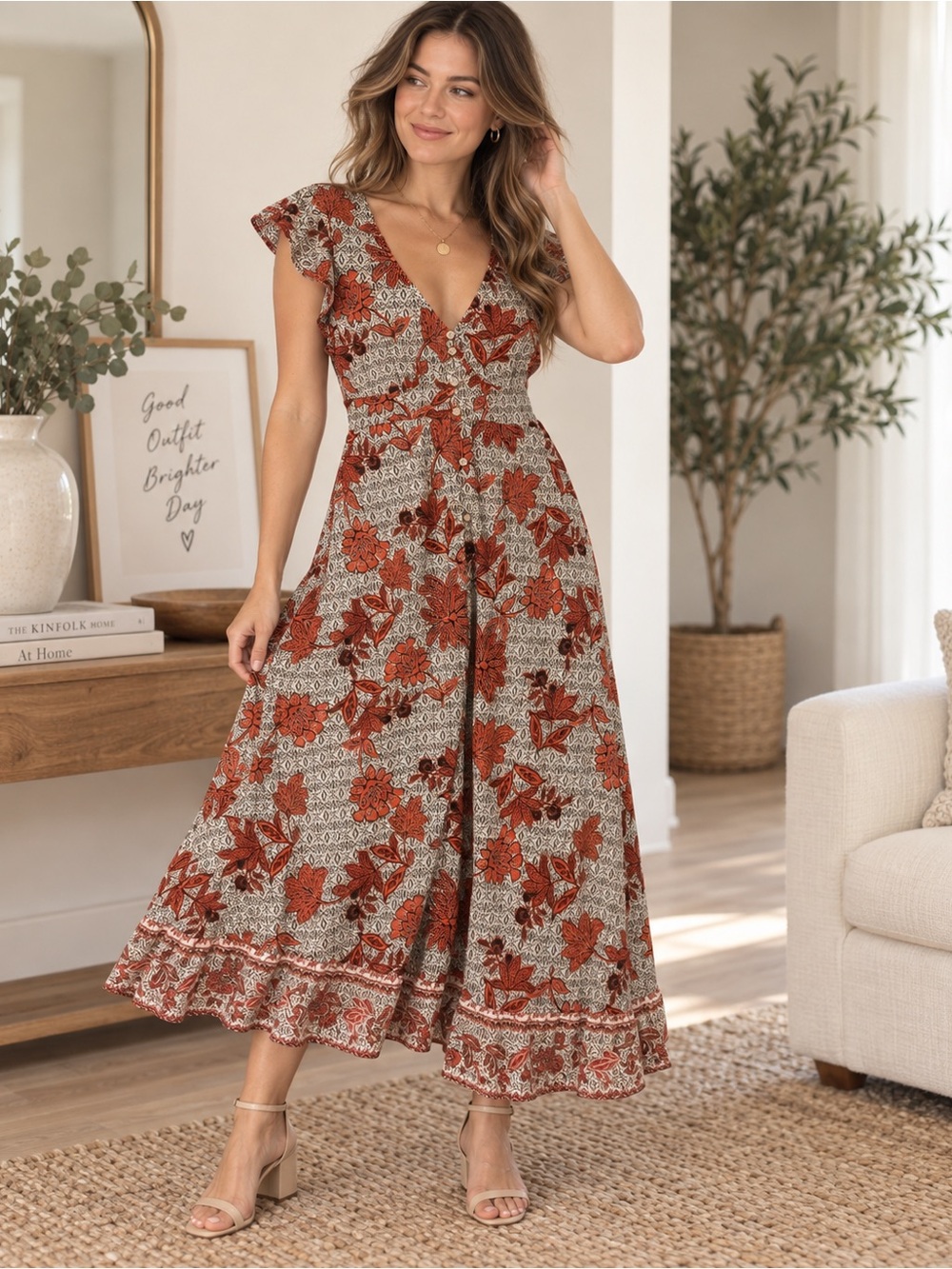 Springfield Floral Button Front Maxi Dress M Boho Rust Orange